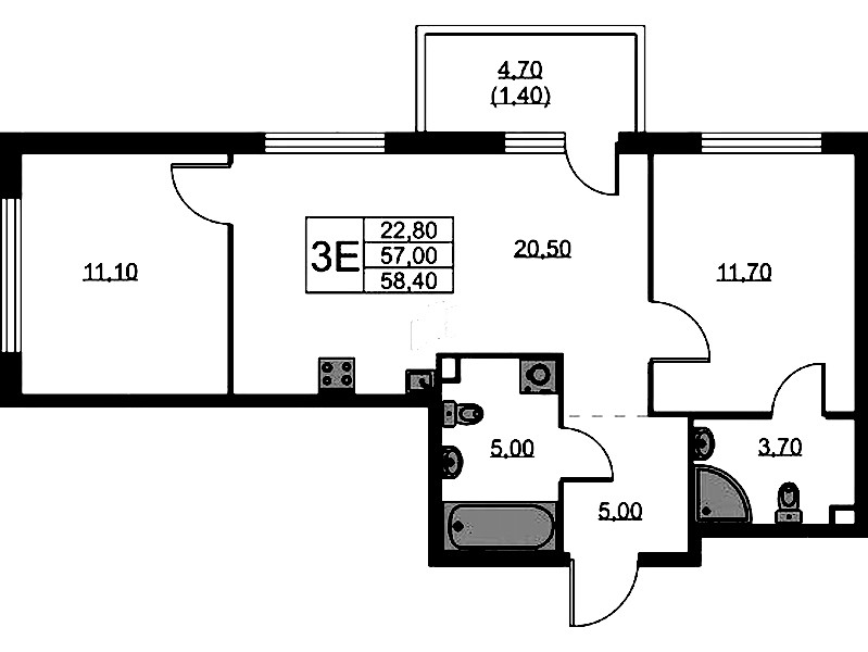 2-комнатная квартира 58.4 м², 2/11 эт., ЖК «А101 Лаголово»